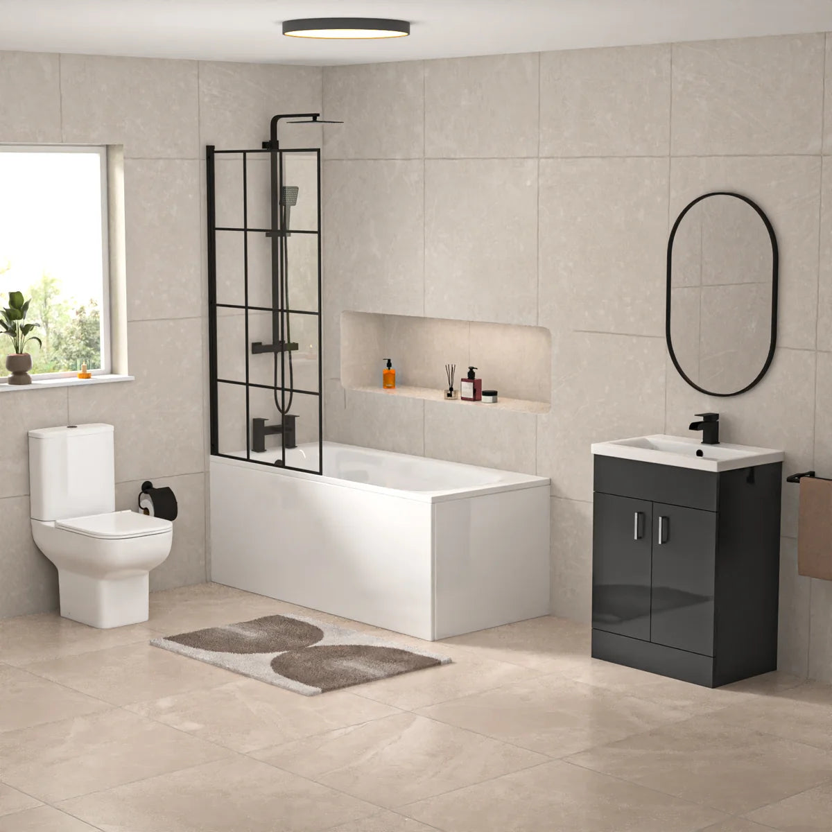 1500mm Round Bath with Grid Screen, Exposed Shower, Vanity with Toilet & Taps