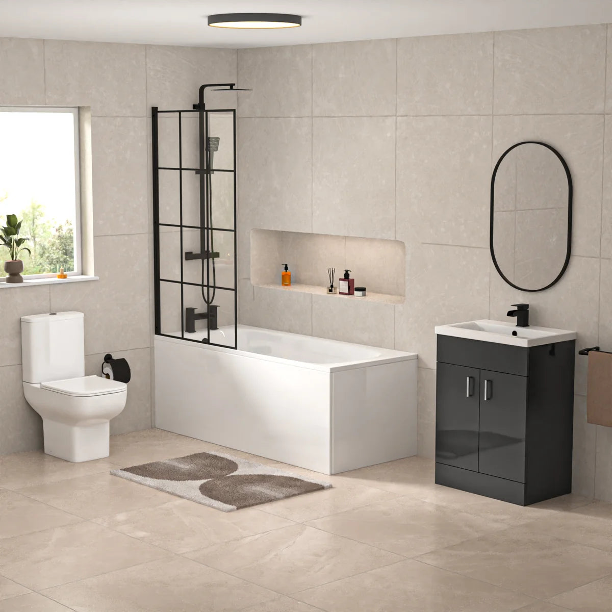 1600mm Round Bath with Grid Screen, Exposed Shower, Vanity with Toilet & Taps