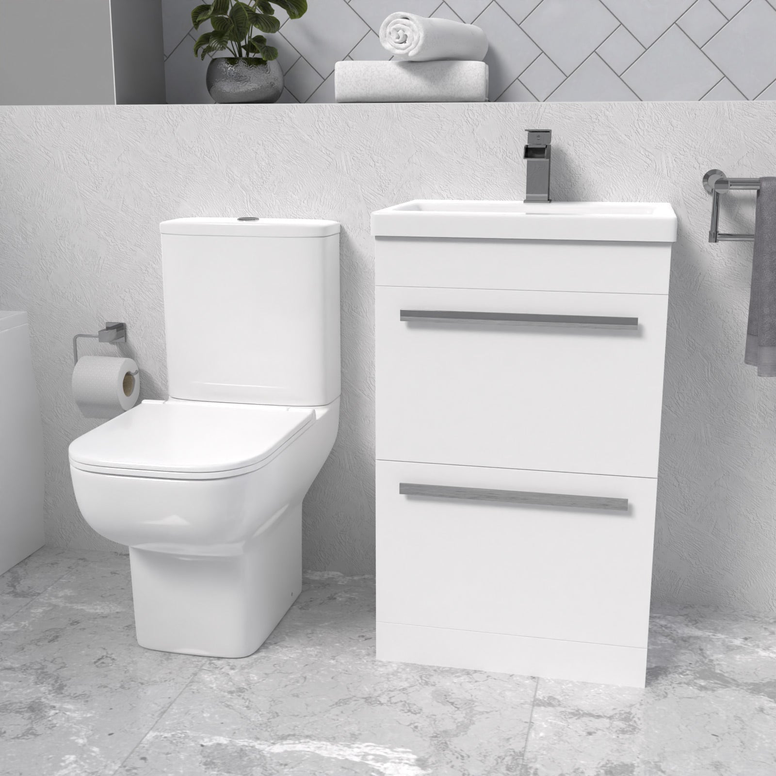 Nanuya White 500mm 2 Drawers Basin Vanity and Close Coupled Toilet