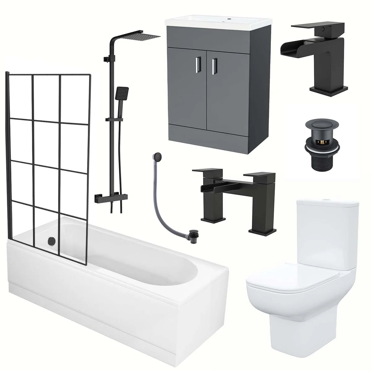 1600mm Round Bath with Grid Screen, Exposed Shower, Vanity with Toilet & Taps