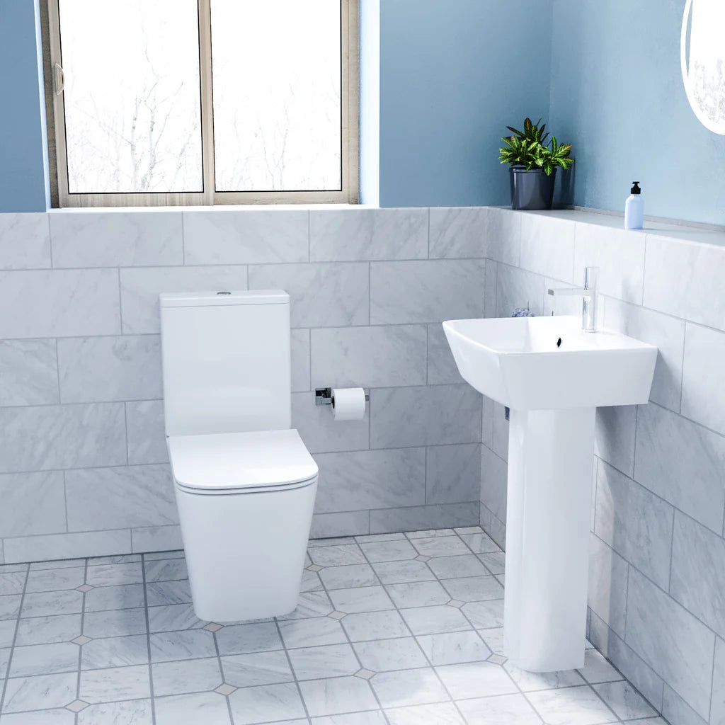 Norton Modern White Square Close Coupled Toilet & 450mm Full Pedestal Basin Set