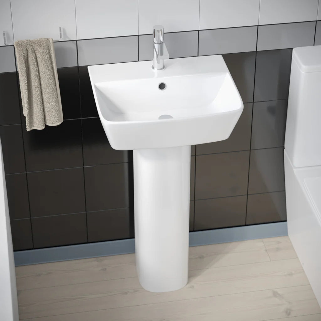 Norton Modern Square Close Coupled Toilet, 450mm Pedestal Basin & Bath Tub Suite (Front Panel Included) – Modern Bathroom Set