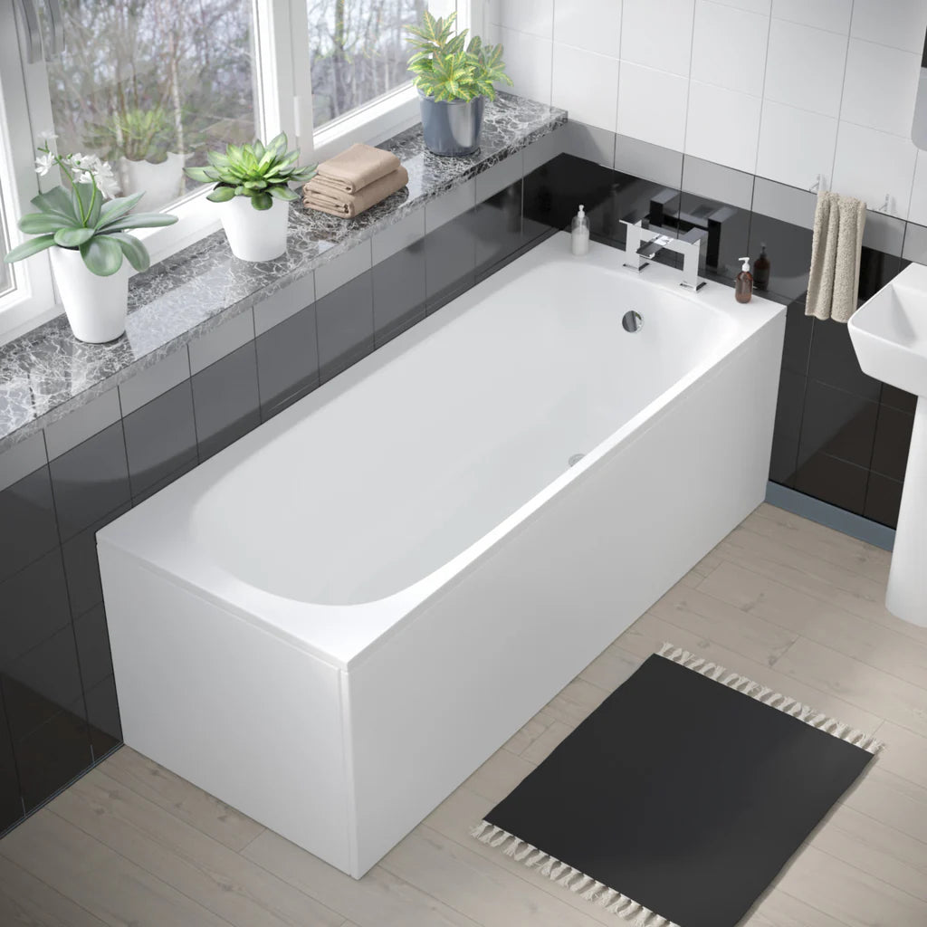 Norton Modern Square Close Coupled Toilet, 450mm Pedestal Basin & Bath Tub Suite (Front Panel Included) – Modern Bathroom Set
