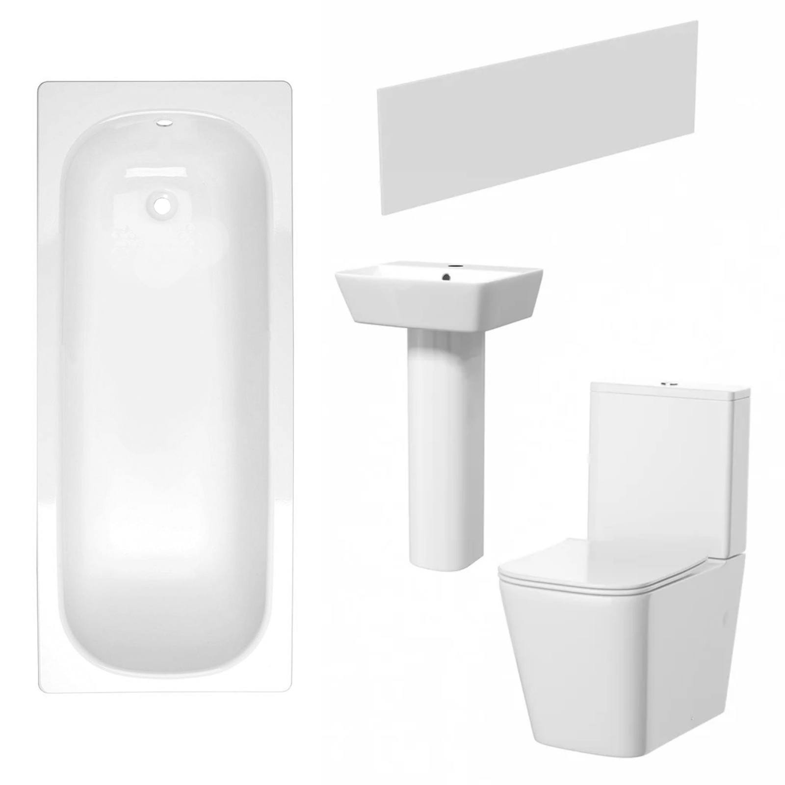 Norton Modern Square Close Coupled Toilet, 450mm Pedestal Basin & Bath Tub Suite (Front Panel Included) – Modern Bathroom Set