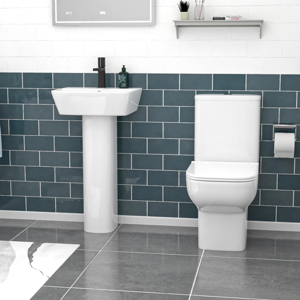 Louie Modern White Square Close Coupled Toilet & 450mm Full Pedestal Basin Set
