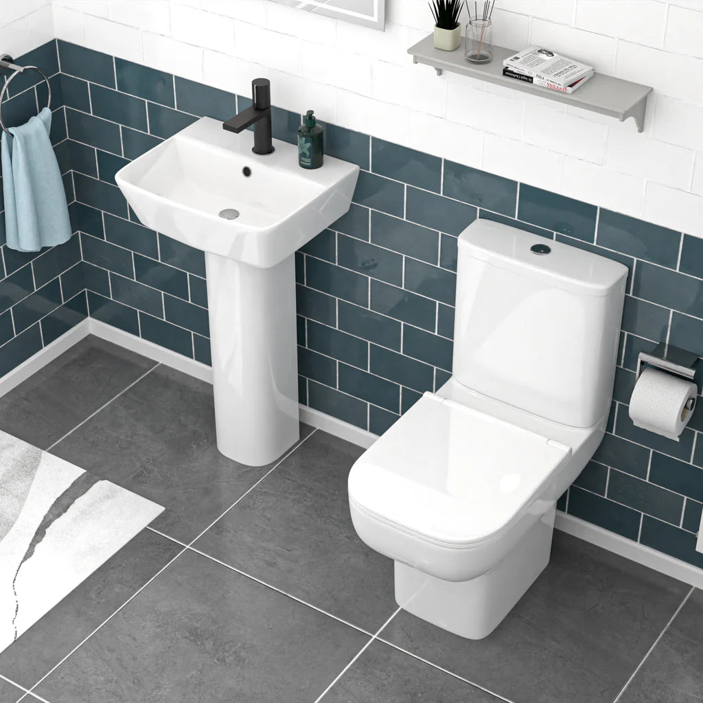 Louie Modern White Square Close Coupled Toilet & 450mm Full Pedestal Basin Set
