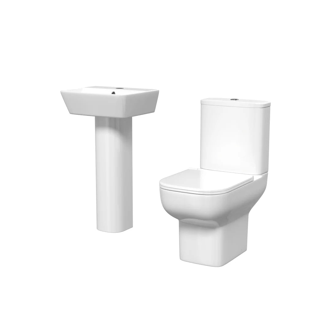 Louie Modern White Square Close Coupled Toilet & 450mm Full Pedestal Basin Set