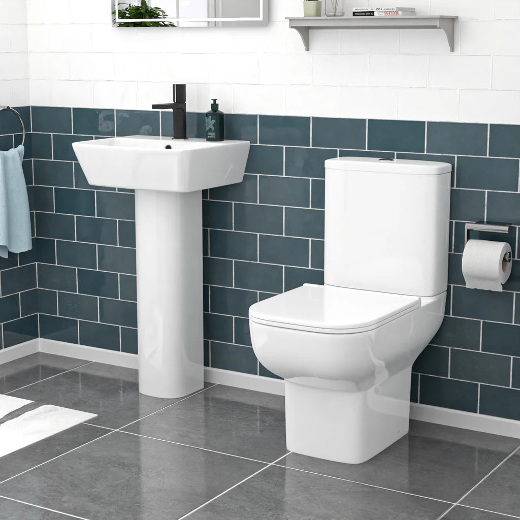 Louie Modern White Square Close Coupled Toilet & 450mm Full Pedestal Basin Set