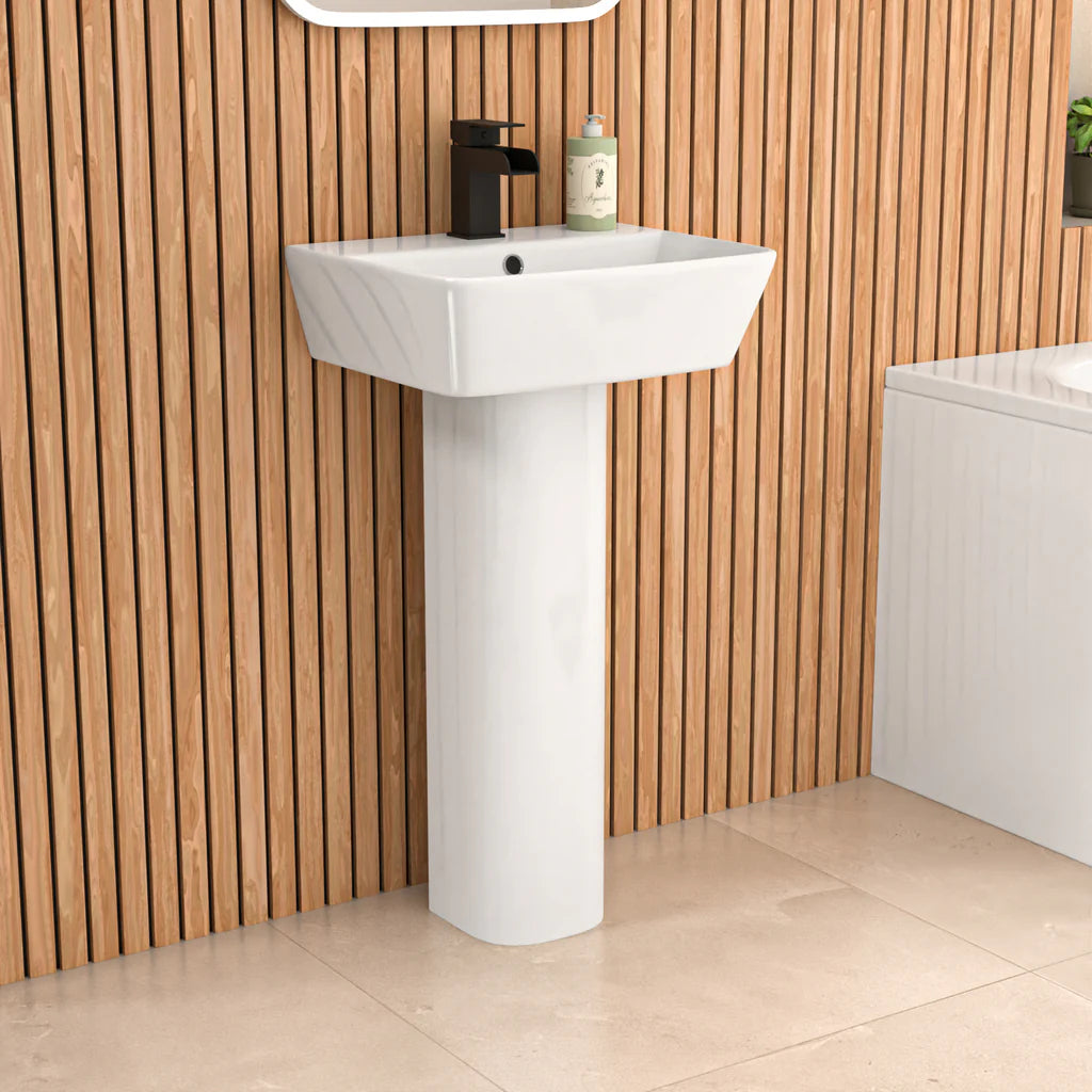 Louie Modern Square Close Coupled Toilet, 450mm Pedestal Basin & Bath Tub Suite – Modern Bathroom Set