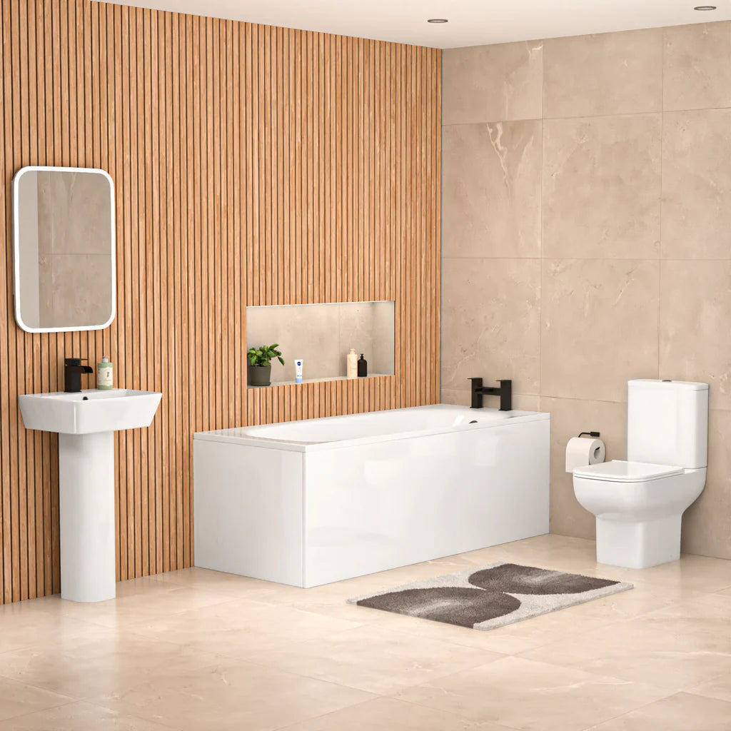 Louie Modern Square Close Coupled Toilet, 450mm Pedestal Basin & Bath Tub Suite – Modern Bathroom Set