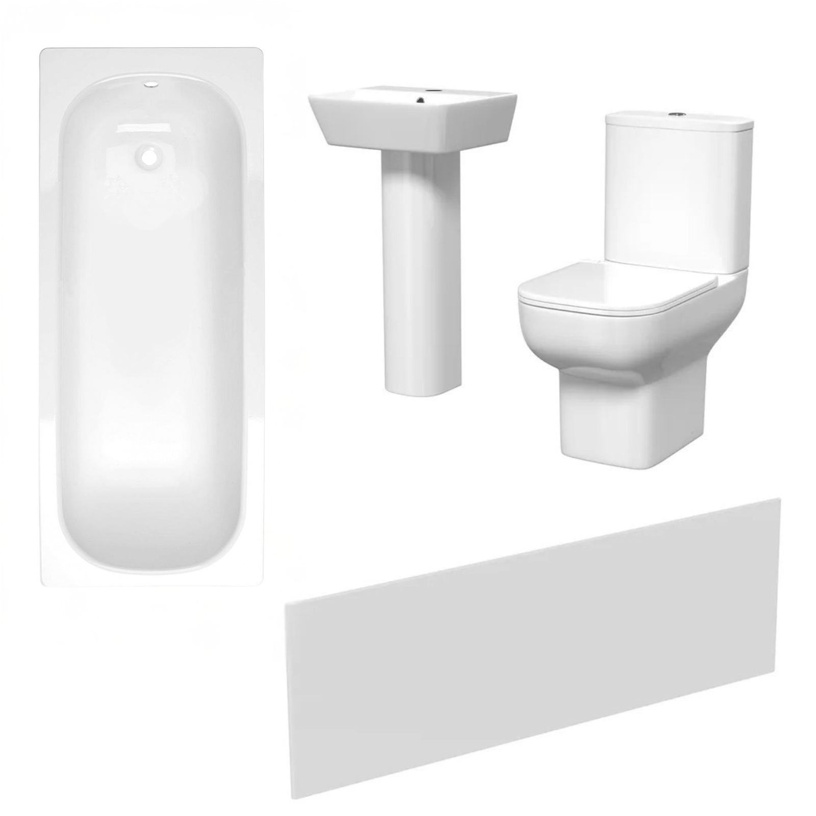 Louie Modern Square Close Coupled Toilet, 450mm Pedestal Basin & Bath Tub Suite (Front Panel Included) – Modern Bathroom Set