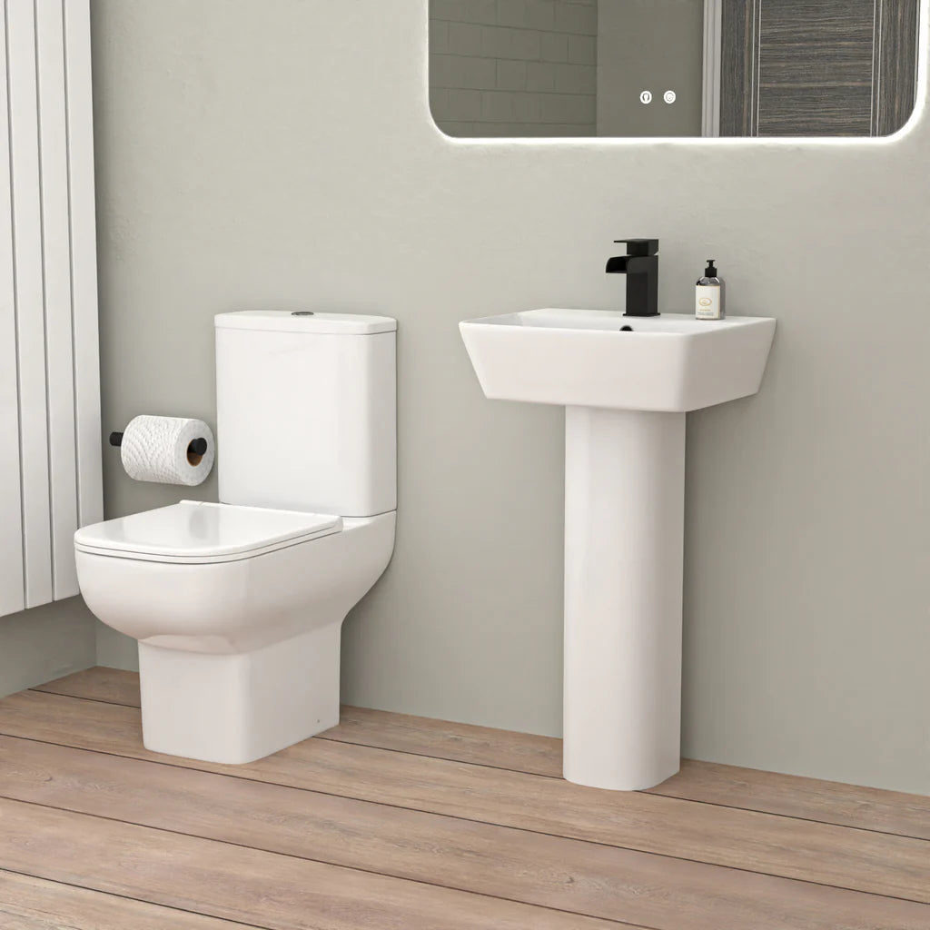 Louie Modern Full Bathroom Set - Square Close Coupled Toilet, 450mm Pedestal Basin, Bath Tub & Matte Black Fittings Suite