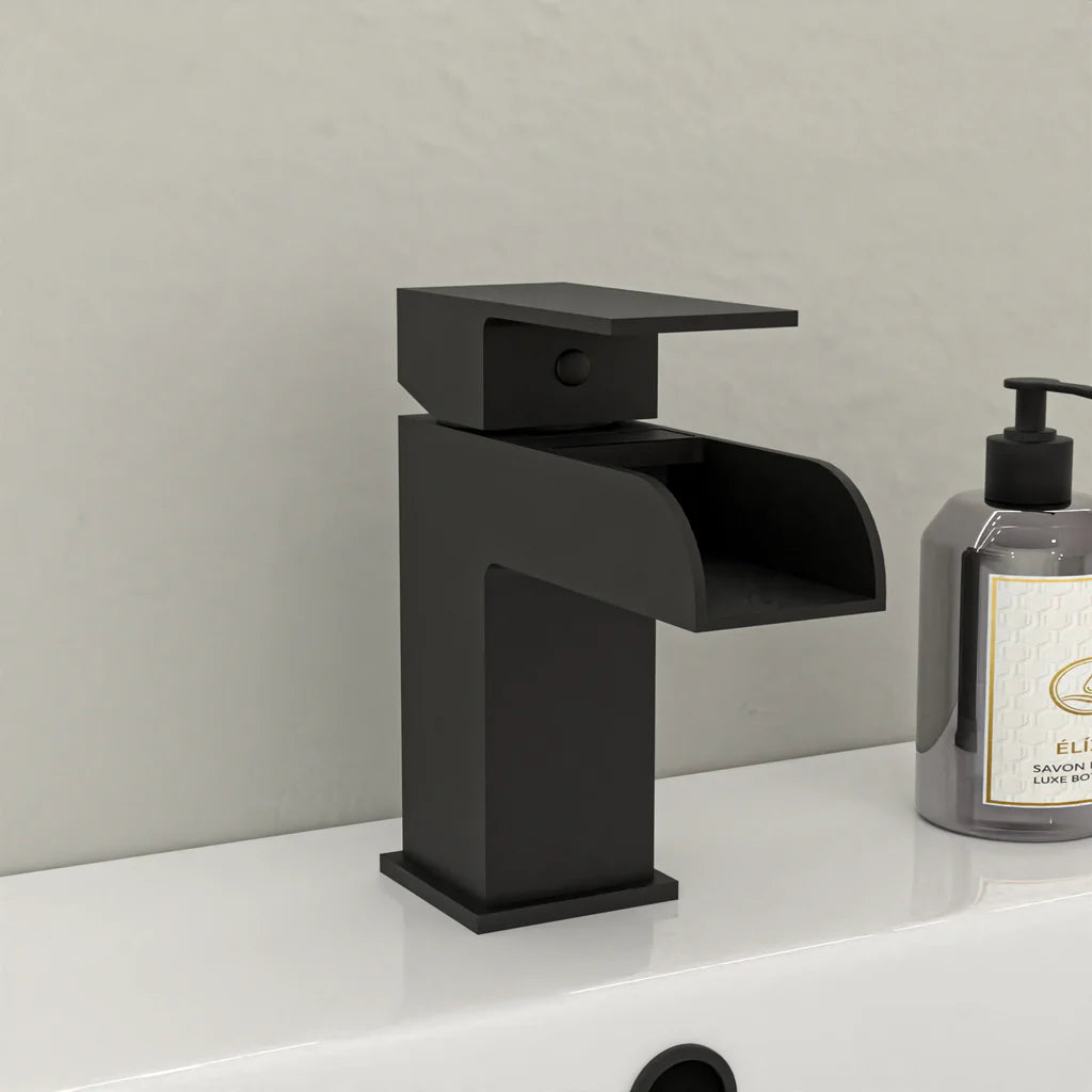 Louie Modern Full Bathroom Set - Square Close Coupled Toilet, 450mm Pedestal Basin, Bath Tub & Matte Black Fittings Suite