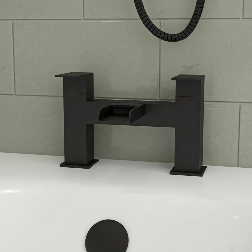 Louie Modern Full Bathroom Set - Square Close Coupled Toilet, 450mm Pedestal Basin, Bath Tub & Matte Black Fittings Suite