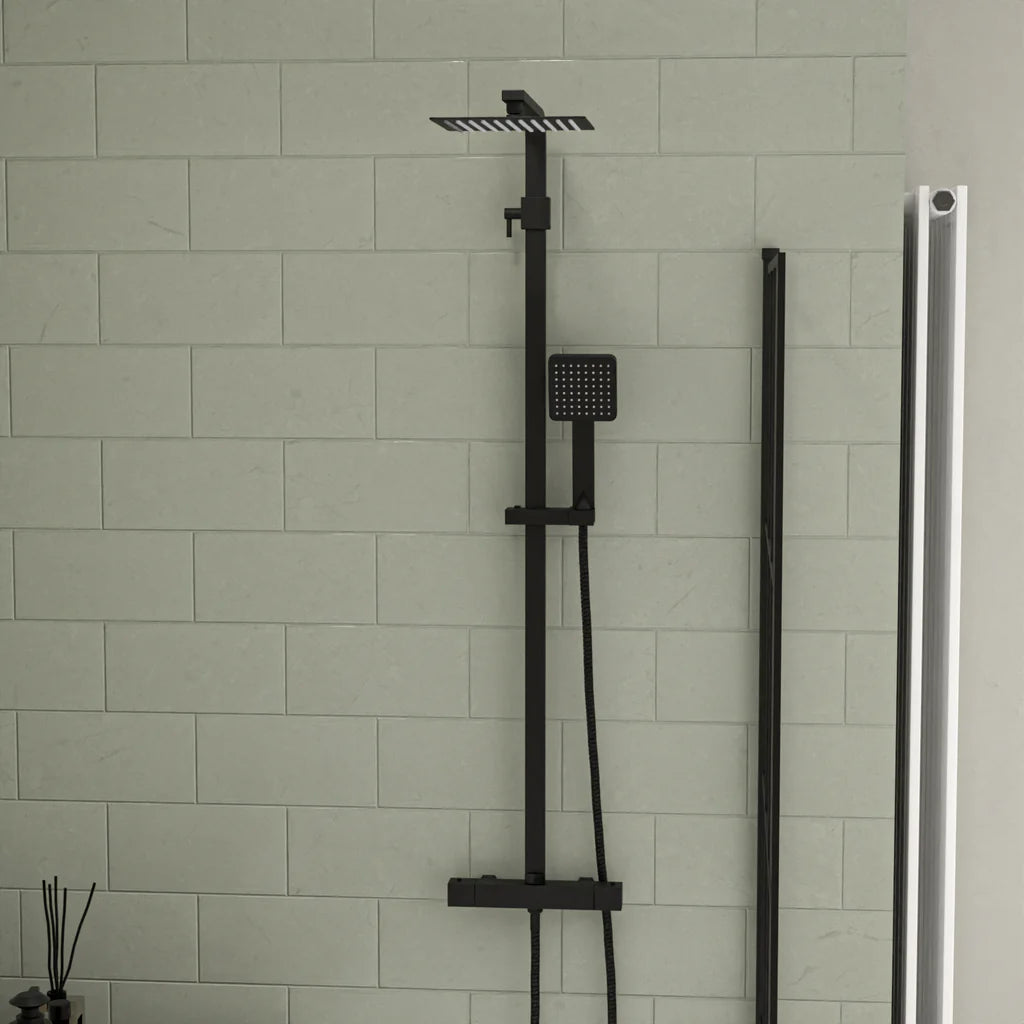 Louie Modern Full Bathroom Set - Square Close Coupled Toilet, 450mm Pedestal Basin, Bath Tub & Matte Black Fittings Suite