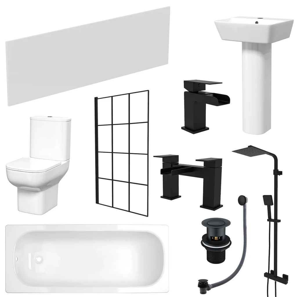 Louie Modern Full Bathroom Set - Square Close Coupled Toilet, 450mm Pedestal Basin, Bath Tub & Matte Black Fittings Suite