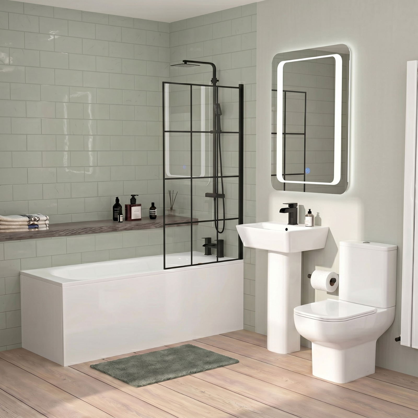 Louie Modern Full Bathroom Set - Square Close Coupled Toilet, 450mm Pedestal Basin, Bath Tub & Matte Black Fittings Suite