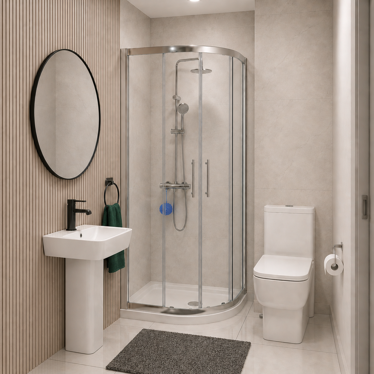 Louie Modern Square Close Coupled Toilet, 450mm Pedestal Basin & Shower Suite (800mm Shower Tray Included) – Modern Bathroom Set