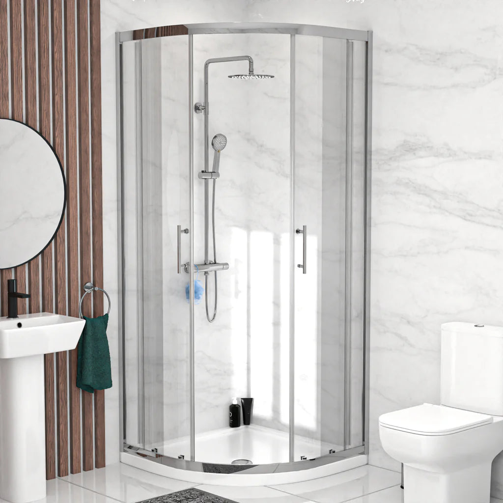 Louie Modern Square Close Coupled Toilet, 500mm Pedestal Basin & Shower Suite (900mm Shower Tray Included) – Modern Bathroom Set