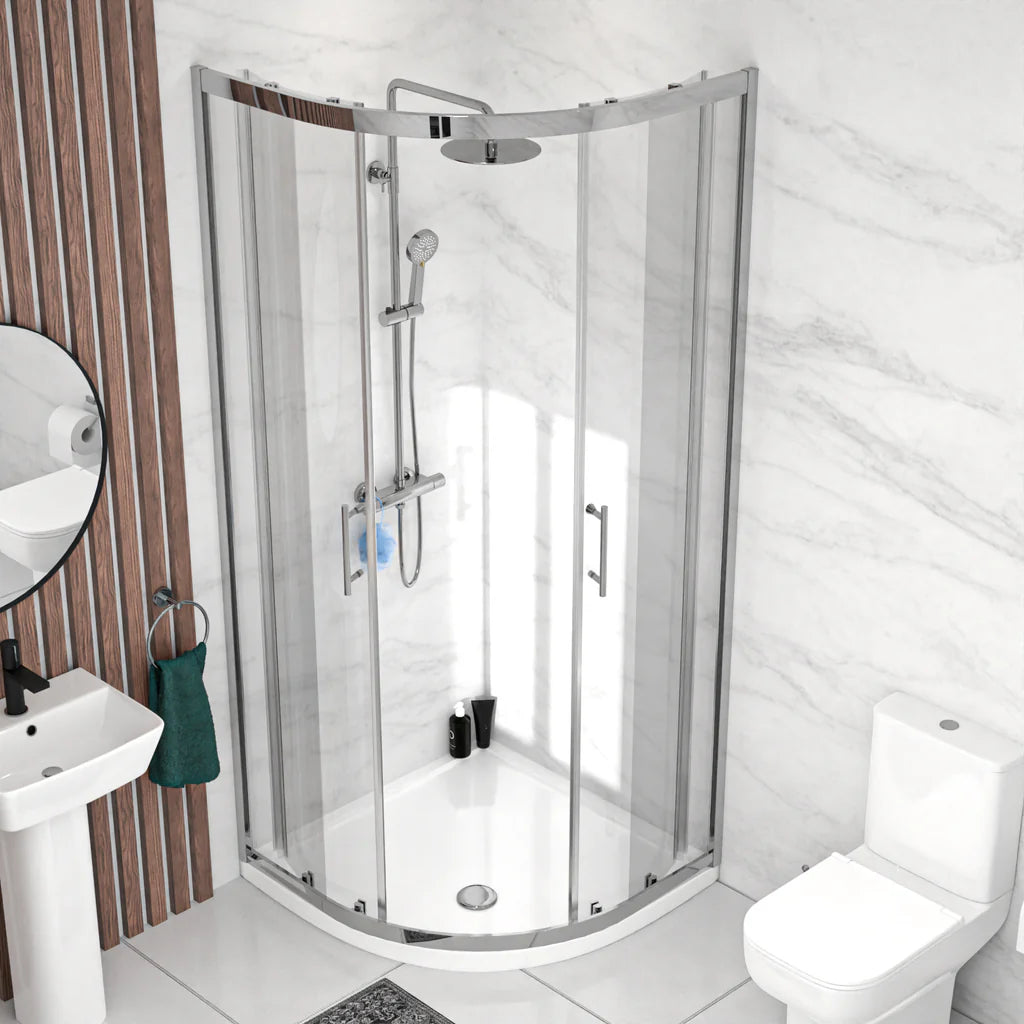 Louie Modern Square Close Coupled Toilet, 500mm Pedestal Basin & Shower Suite (900mm Shower Tray Included) – Modern Bathroom Set