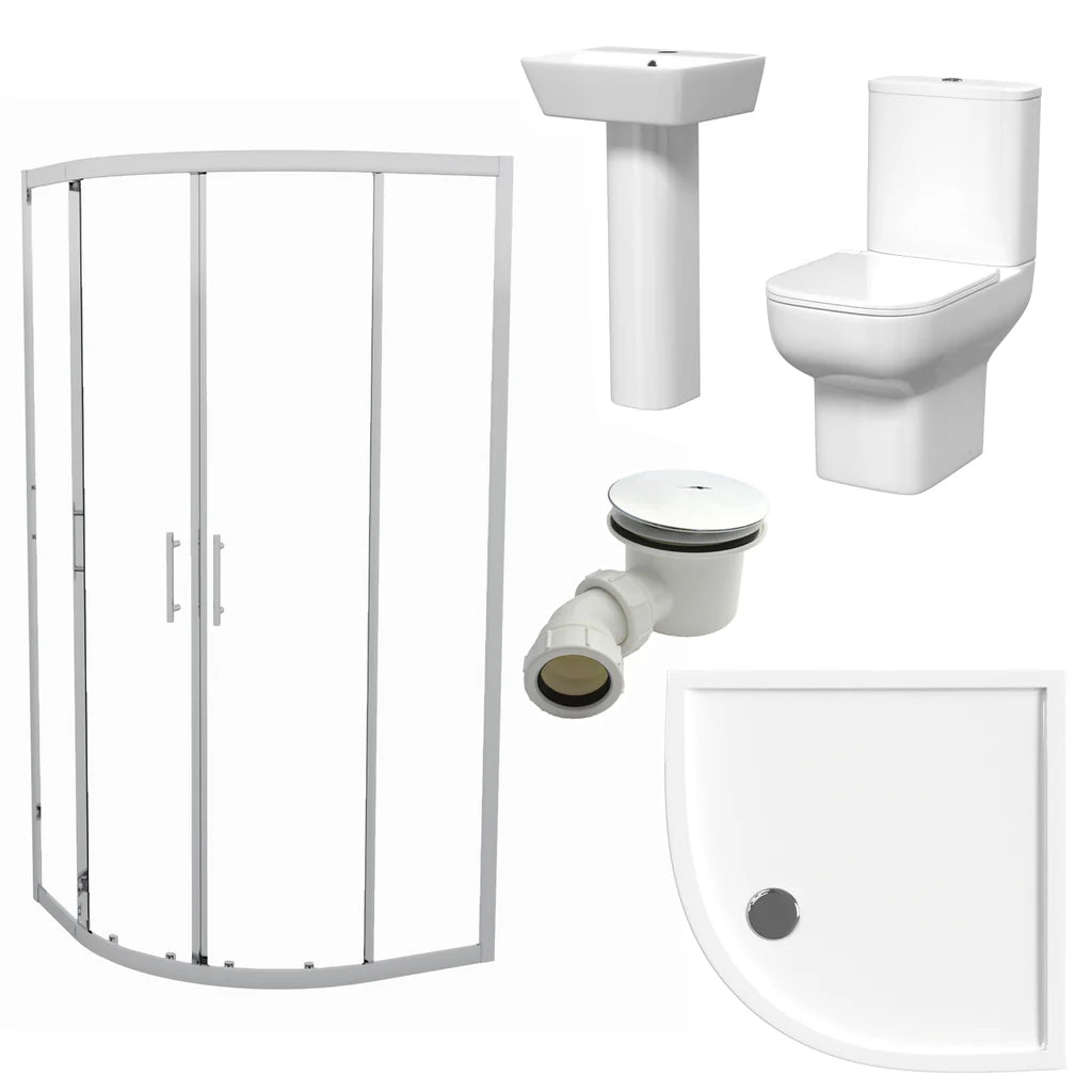 Louie Modern Square Close Coupled Toilet, 560mm Pedestal Basin & Shower Suite (900mm Shower Tray Included) – Modern Bathroom Set