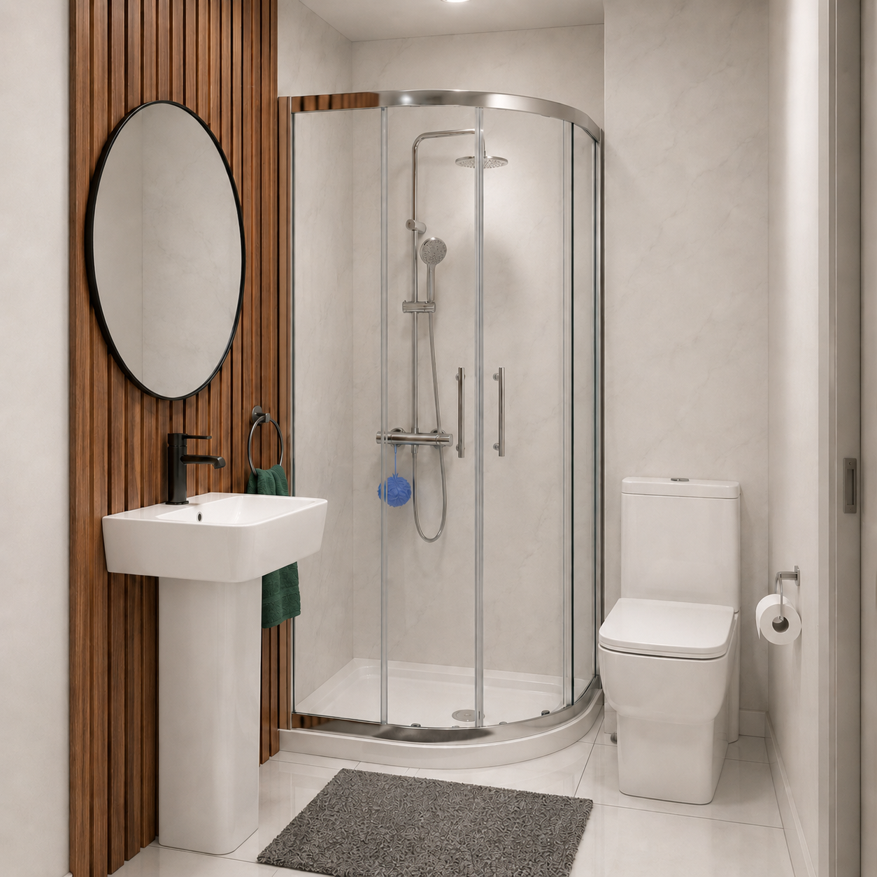 Louie Modern Square Close Coupled Toilet, 560mm Pedestal Basin & Shower Suite (900mm Shower Tray Included) – Modern Bathroom Set