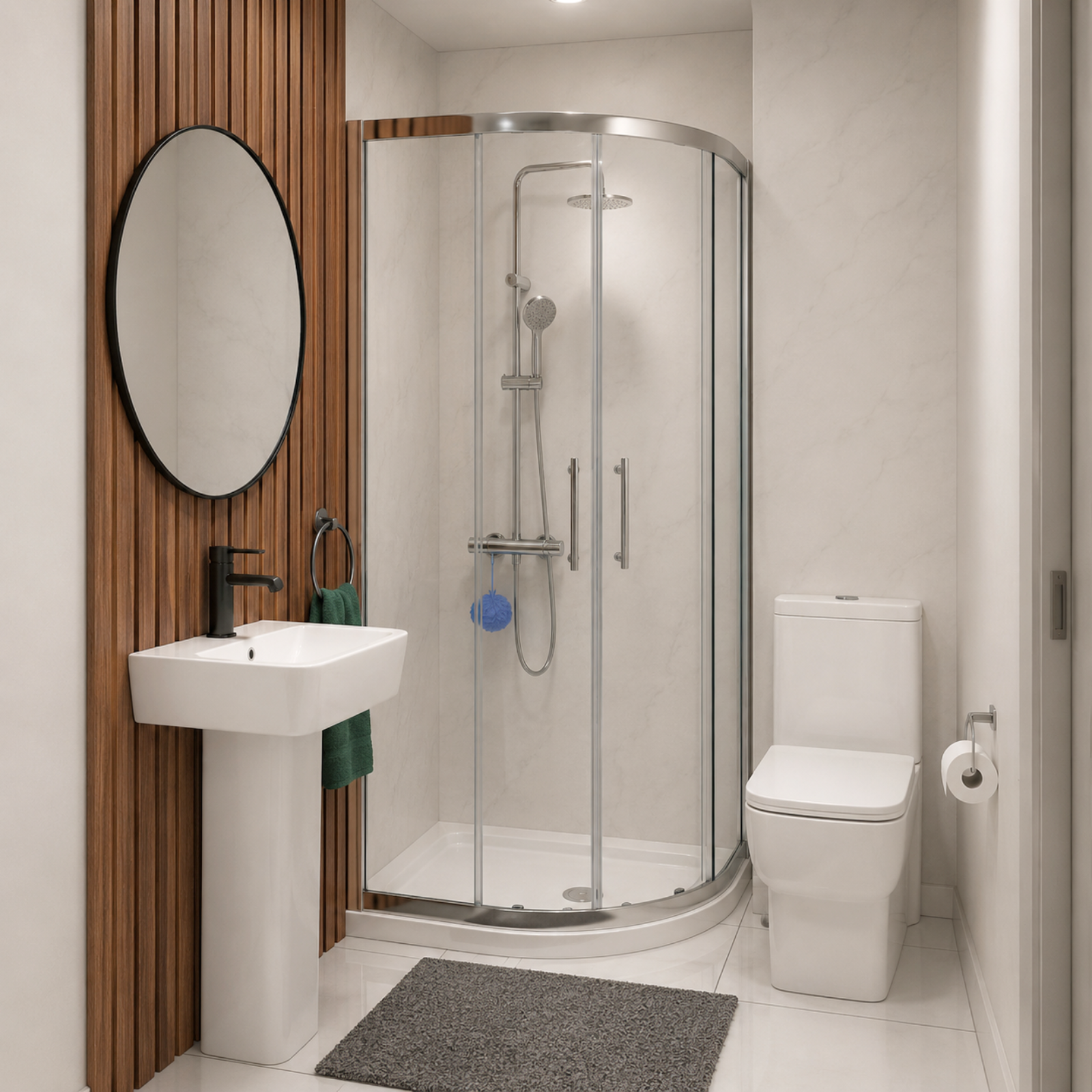 Louie Modern Square Close Coupled Toilet, 500mm Pedestal Basin & Shower Suite (900mm Shower Tray Included) – Modern Bathroom Set