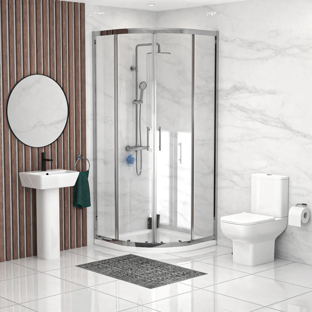 Louie Modern Square Close Coupled Toilet, 500mm Pedestal Basin & Shower Suite (900mm Shower Tray Included) – Modern Bathroom Set