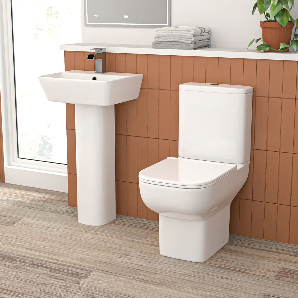 Louie Full Bathroom Suite - 1700mm L-shape Bath, Close Coupled Toilet, 450mm Pedestal Basin, & Chrome Fittings Set