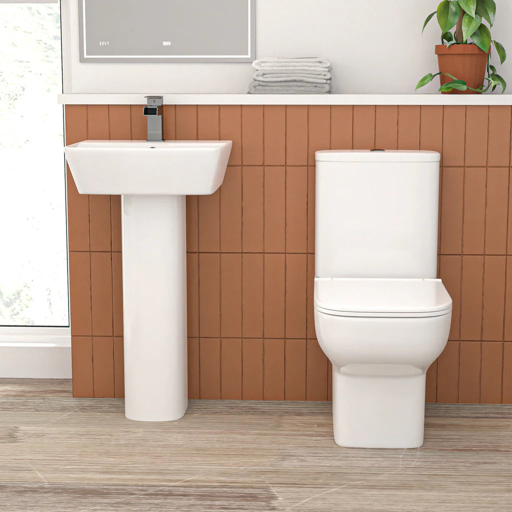 Louie Full Bathroom Suite - 1700mm L-shape Bath, Close Coupled Toilet, 450mm Pedestal Basin, & Chrome Fittings Set