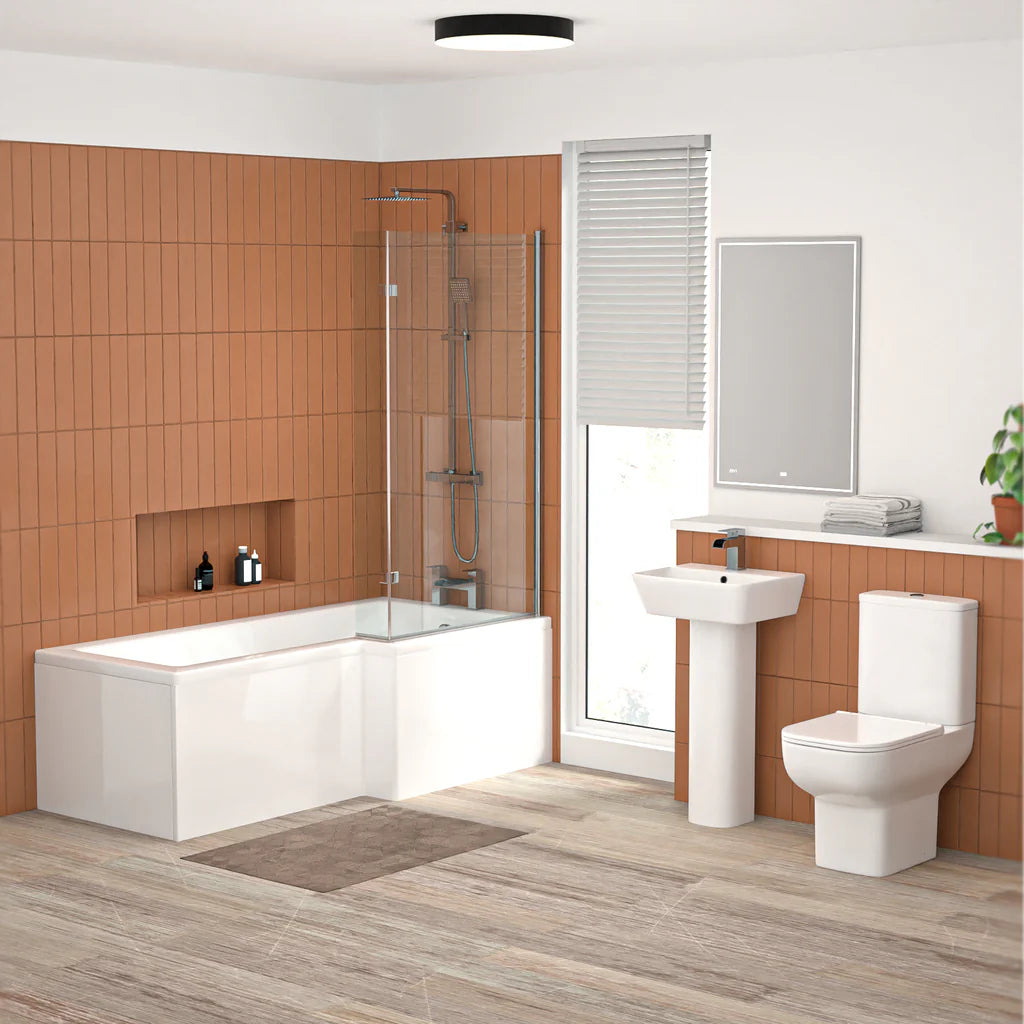 Louie Full Bathroom Suite - 1700mm L-shape Bath, Close Coupled Toilet, 450mm Pedestal Basin, & Chrome Fittings Set