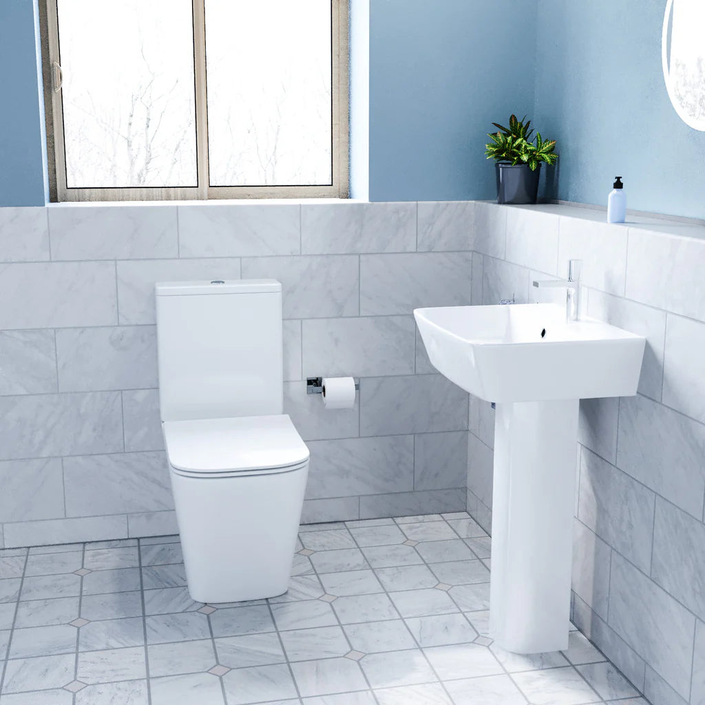 Norton Modern White Square Close Coupled Toilet & 500mm Full Pedestal Basin Set