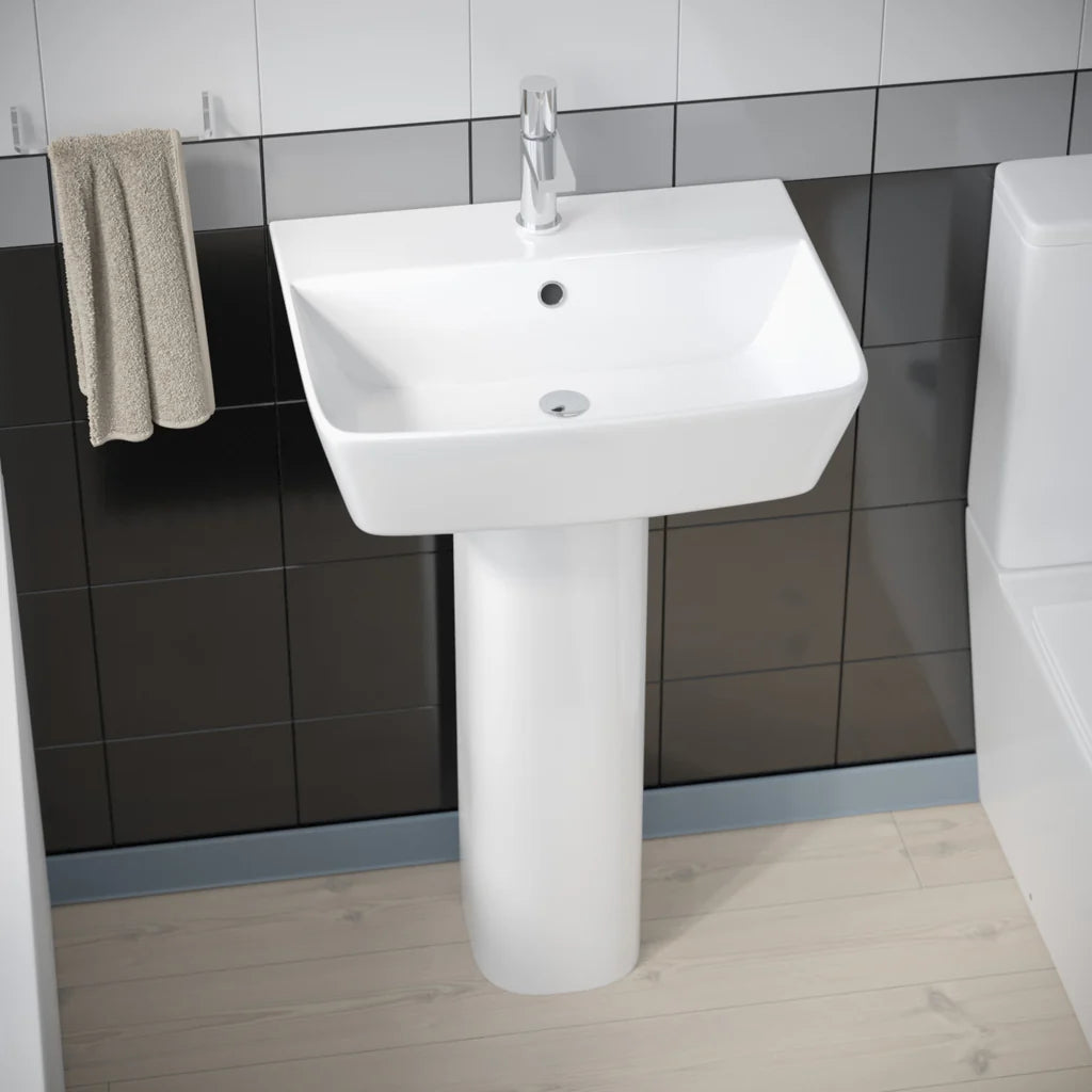 Norton Modern Square Close Coupled Toilet, 500mm Pedestal Basin & Bath Tub Suite (Front Panel Included) – Modern Bathroom Set