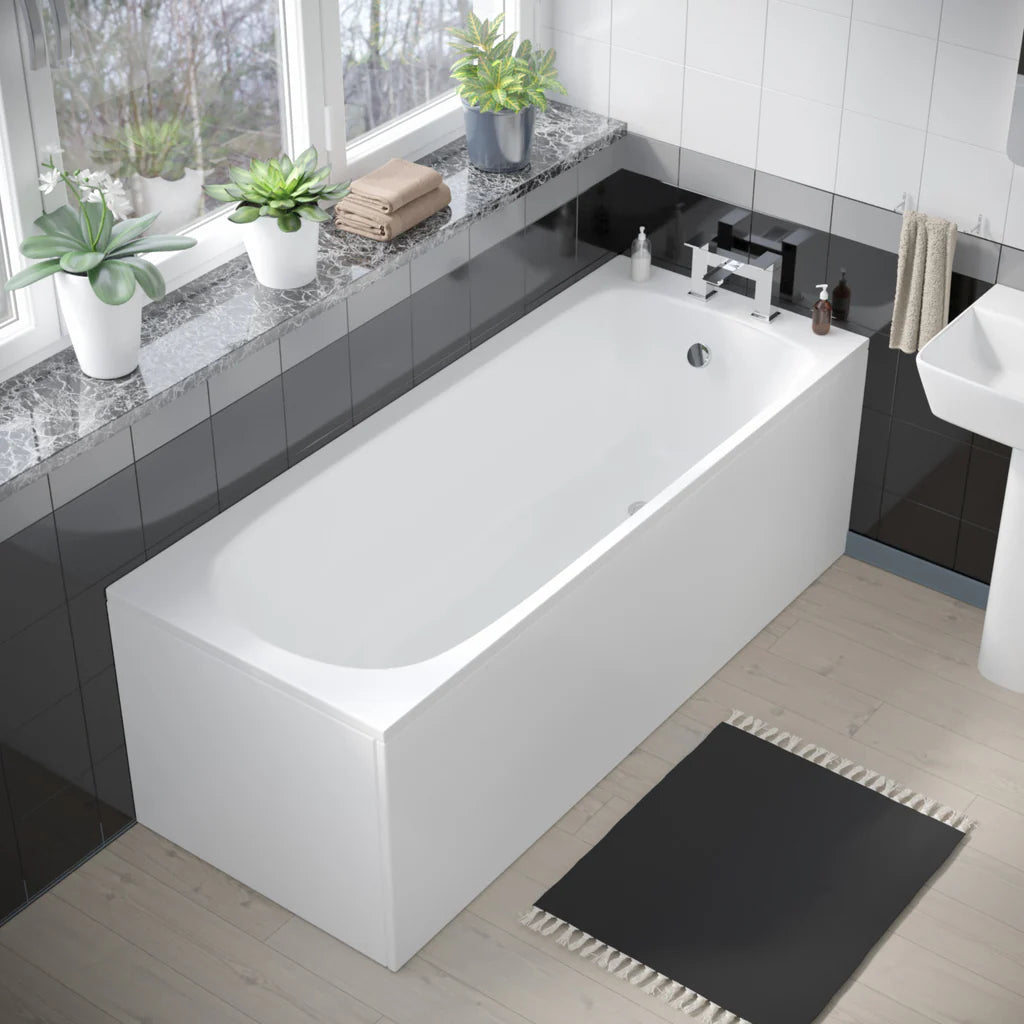 Norton Modern Square Close Coupled Toilet, 500mm Pedestal Basin & Bath Tub Suite (Front Panel Included) – Modern Bathroom Set