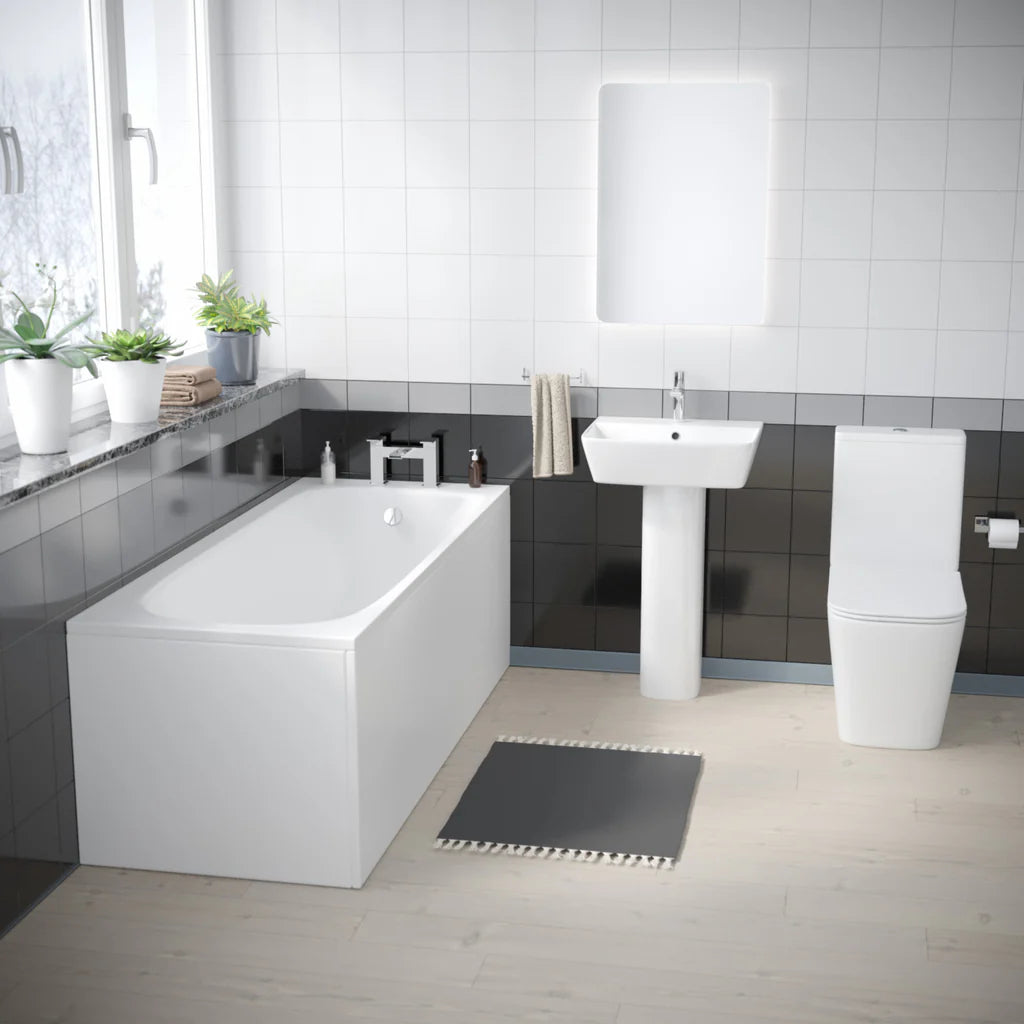 Norton Modern Square Close Coupled Toilet, 500mm Pedestal Basin & Bath Tub Suite (Front Panel Included) – Modern Bathroom Set