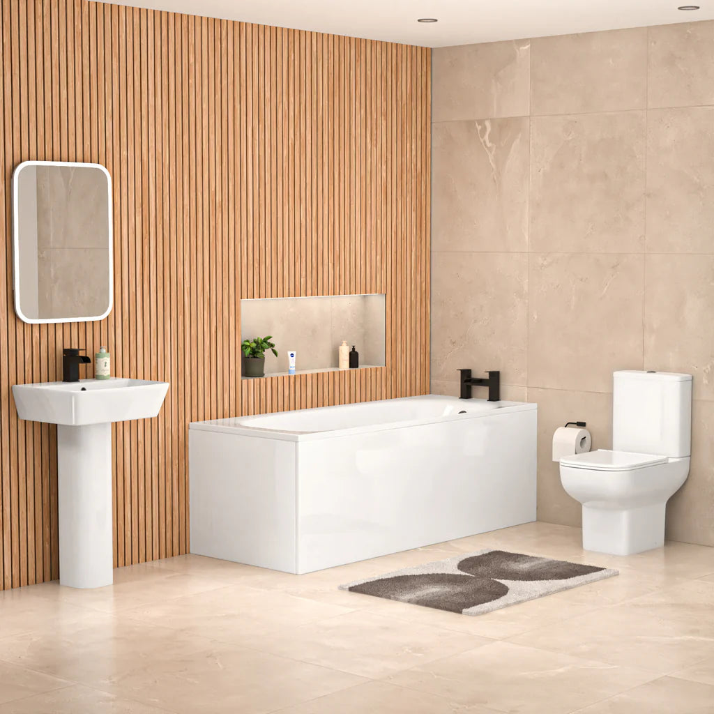 Louie Square Close Coupled Toilet, 500mm Pedestal Basin & Bath Suite – Modern Bathroom Suite