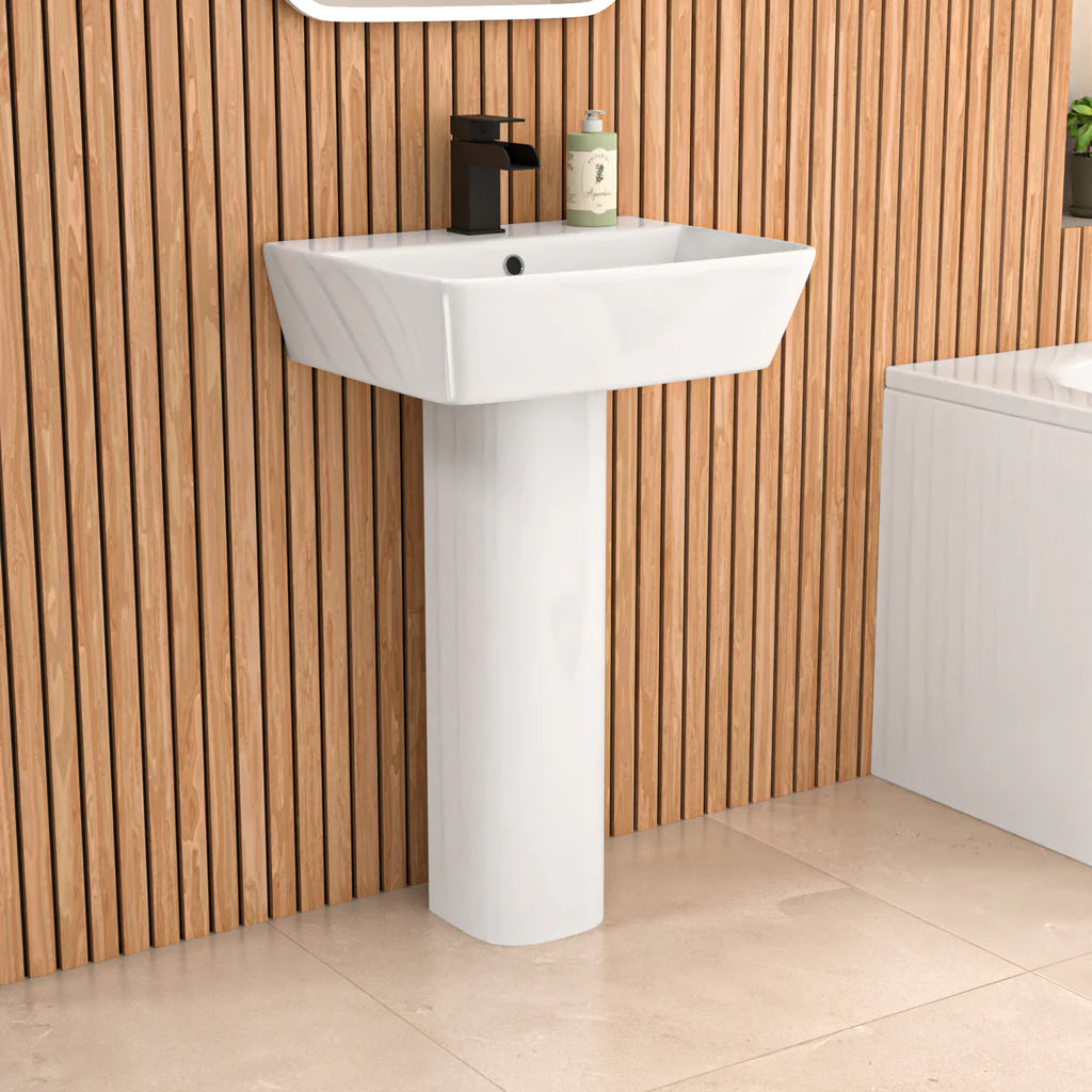 Louie Modern Square Close Coupled Toilet, 560mm Pedestal Basin & Bath Tub Suite (Front Panel Included) – Modern Bathroom Set
