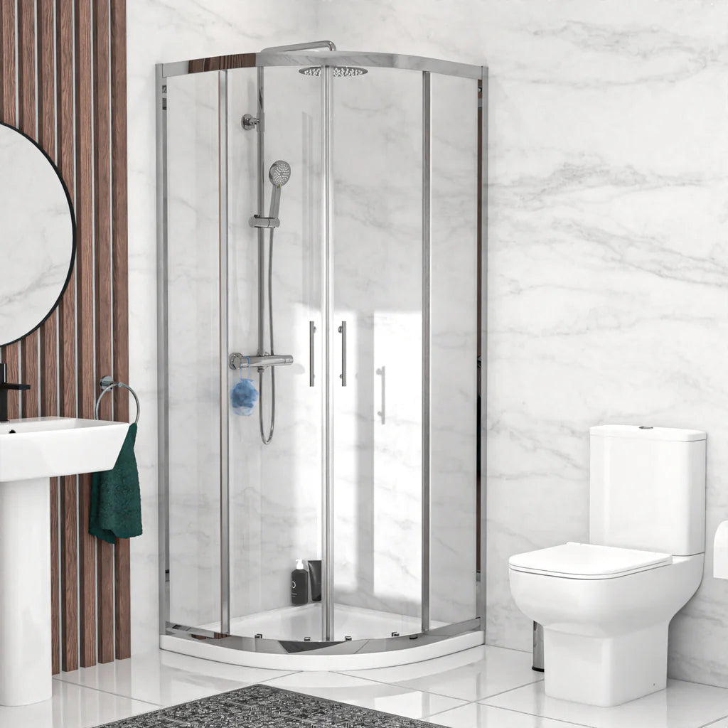 Louie Modern Square Close Coupled Toilet, 500mm Pedestal Basin & Shower Suite (800mm Shower Tray Included) – Modern Bathroom Set