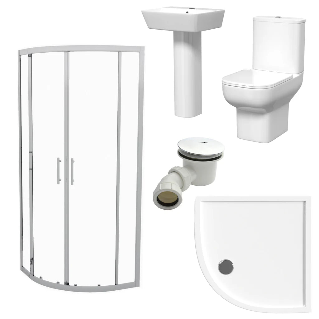 Louie Modern Square Close Coupled Toilet, 500mm Pedestal Basin & Shower Suite (800mm Shower Tray Included) – Modern Bathroom Set