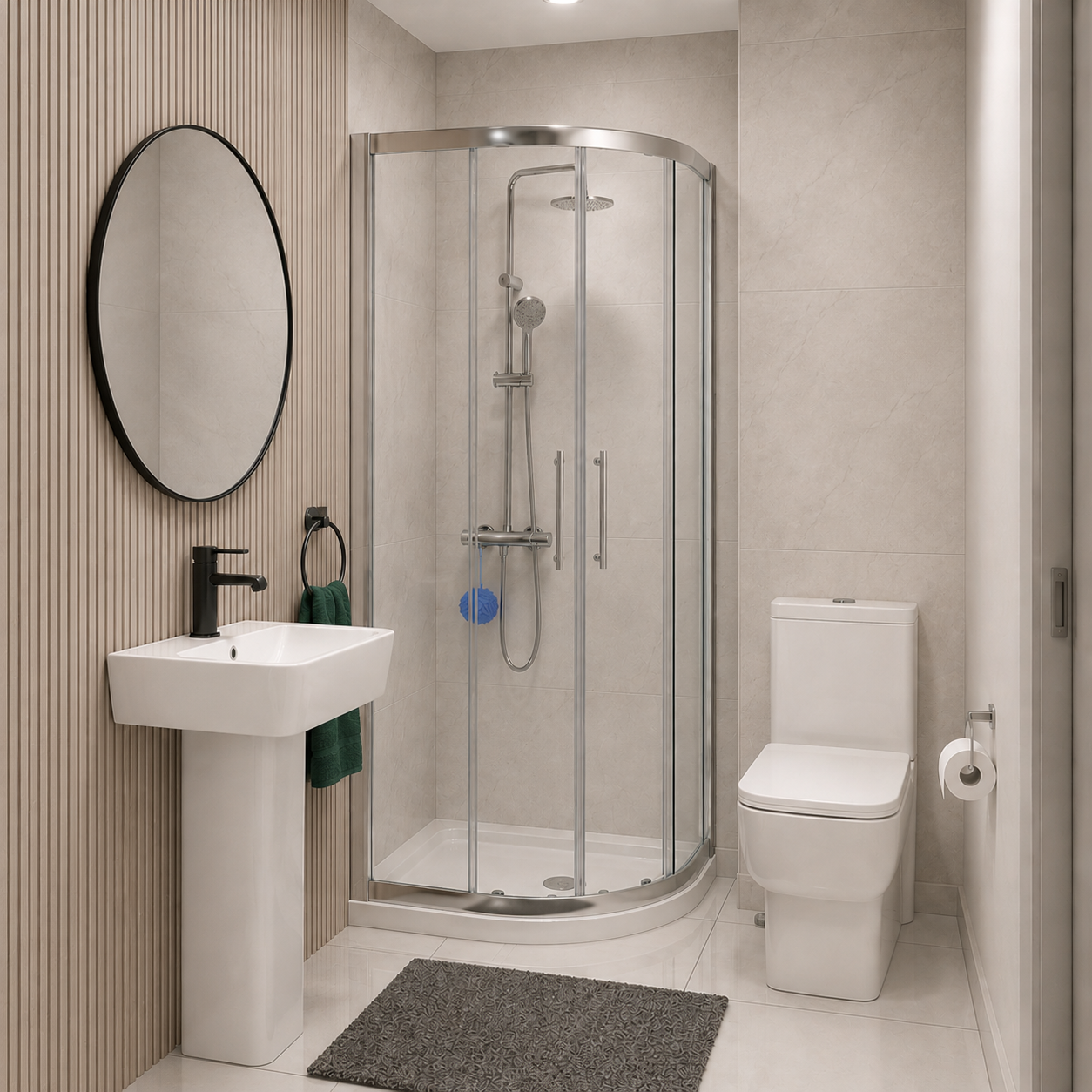 Louie Modern Square Close Coupled Toilet, 500mm Pedestal Basin & Shower Suite (800mm Shower Tray Included) – Modern Bathroom Set