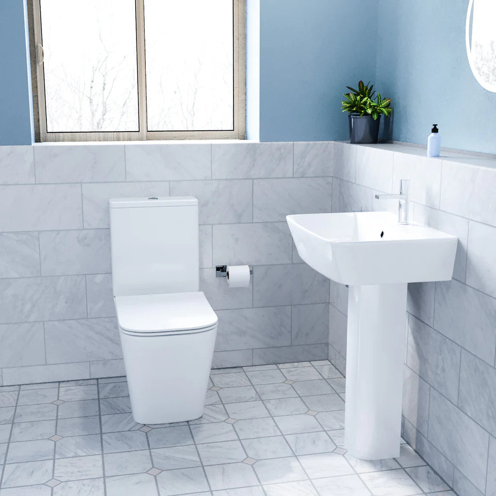 Norton Modern White Square Close Coupled Toilet & 560mm Full Pedestal Basin Set