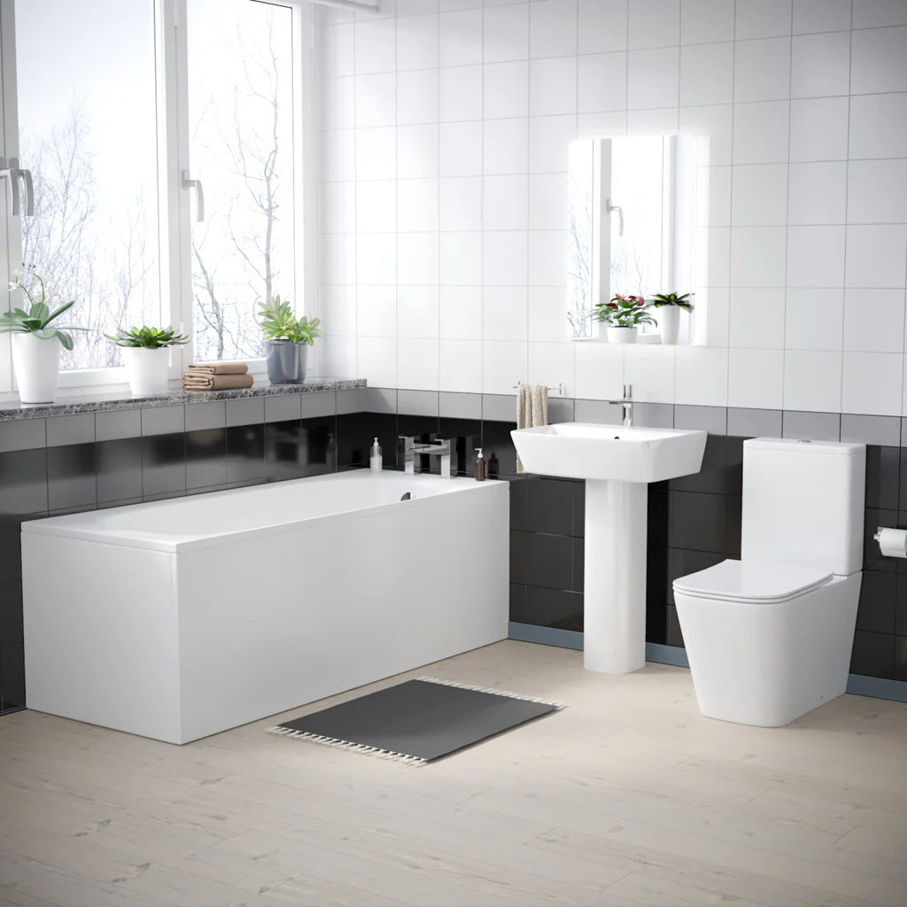 Norton Modern Square Close Coupled Toilet, 560mm Pedestal Basin & Bath Tub Suite (Front Panel Included) – Modern Bathroom Set