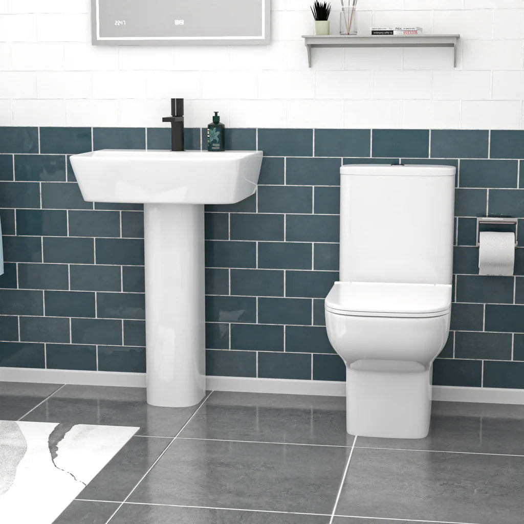 Louie Modern White Square Close Coupled Toilet & 560mm Full Pedestal Basin Set