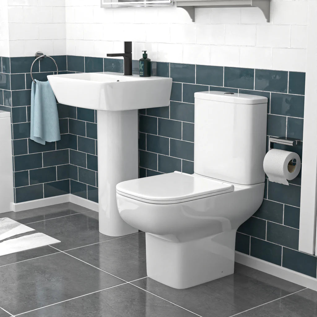 Louie Modern White Square Close Coupled Toilet & 560mm Full Pedestal Basin Set
