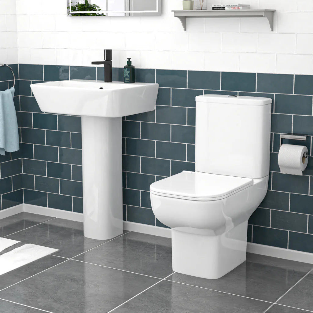 Louie Modern White Square Close Coupled Toilet & 560mm Full Pedestal Basin Set
