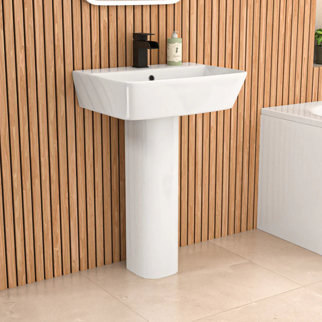 Louie Modern Square Close Coupled Toilet, 560mm Pedestal Basin & Bath Suite – Modern Bathroom Set