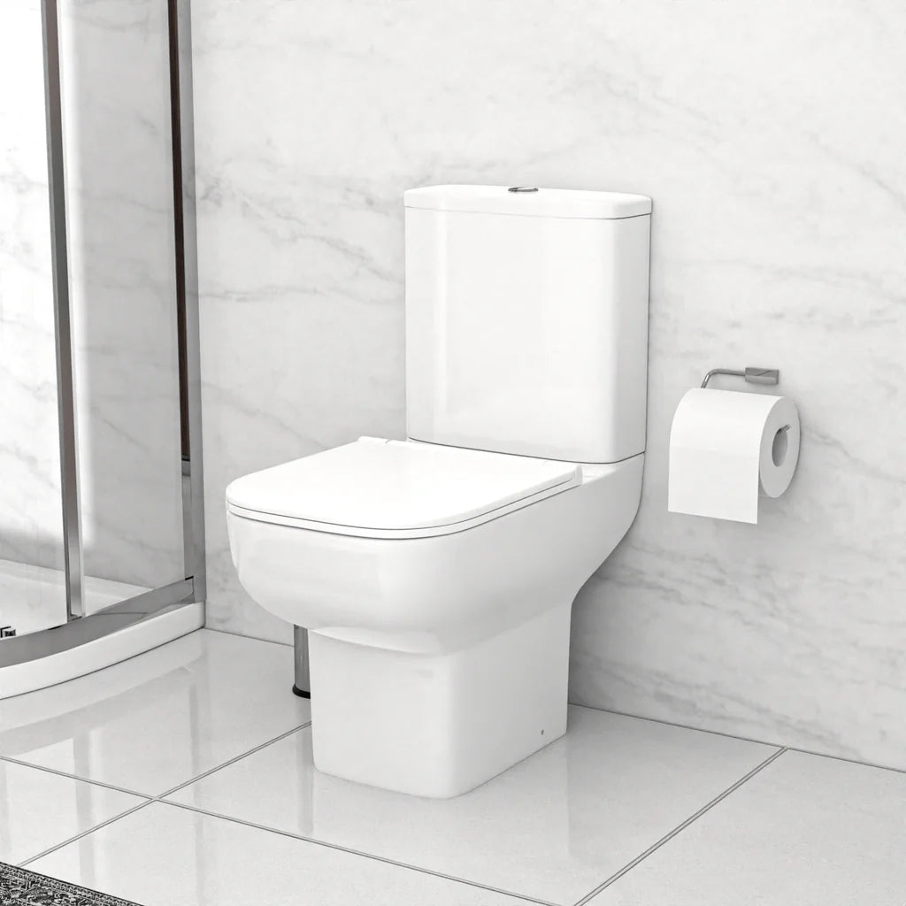 Louie Modern Square Close Coupled Toilet, 560mm Pedestal Basin & Shower Suite (800mm Shower Tray Included) – Modern Bathroom Set