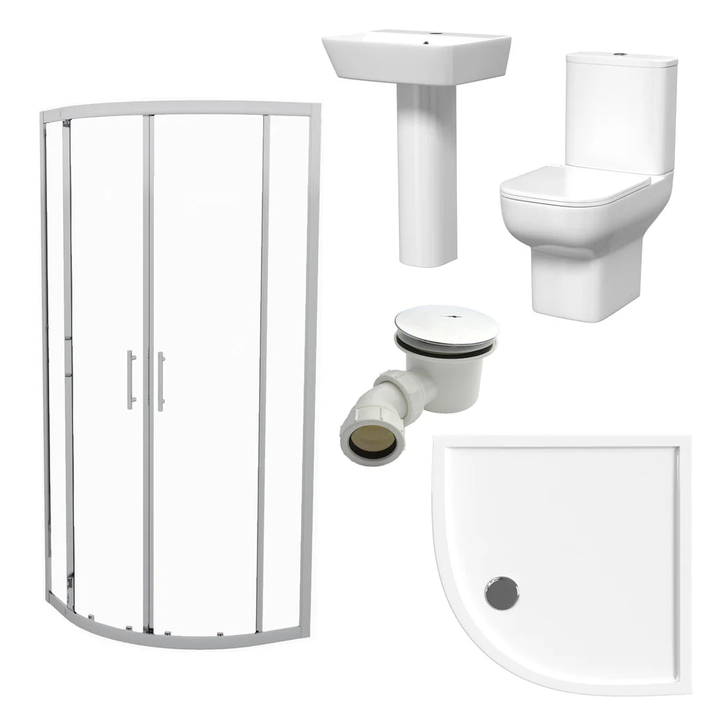 Louie Modern Square Close Coupled Toilet, 560mm Pedestal Basin & Shower Suite (800mm Shower Tray Included) – Modern Bathroom Set