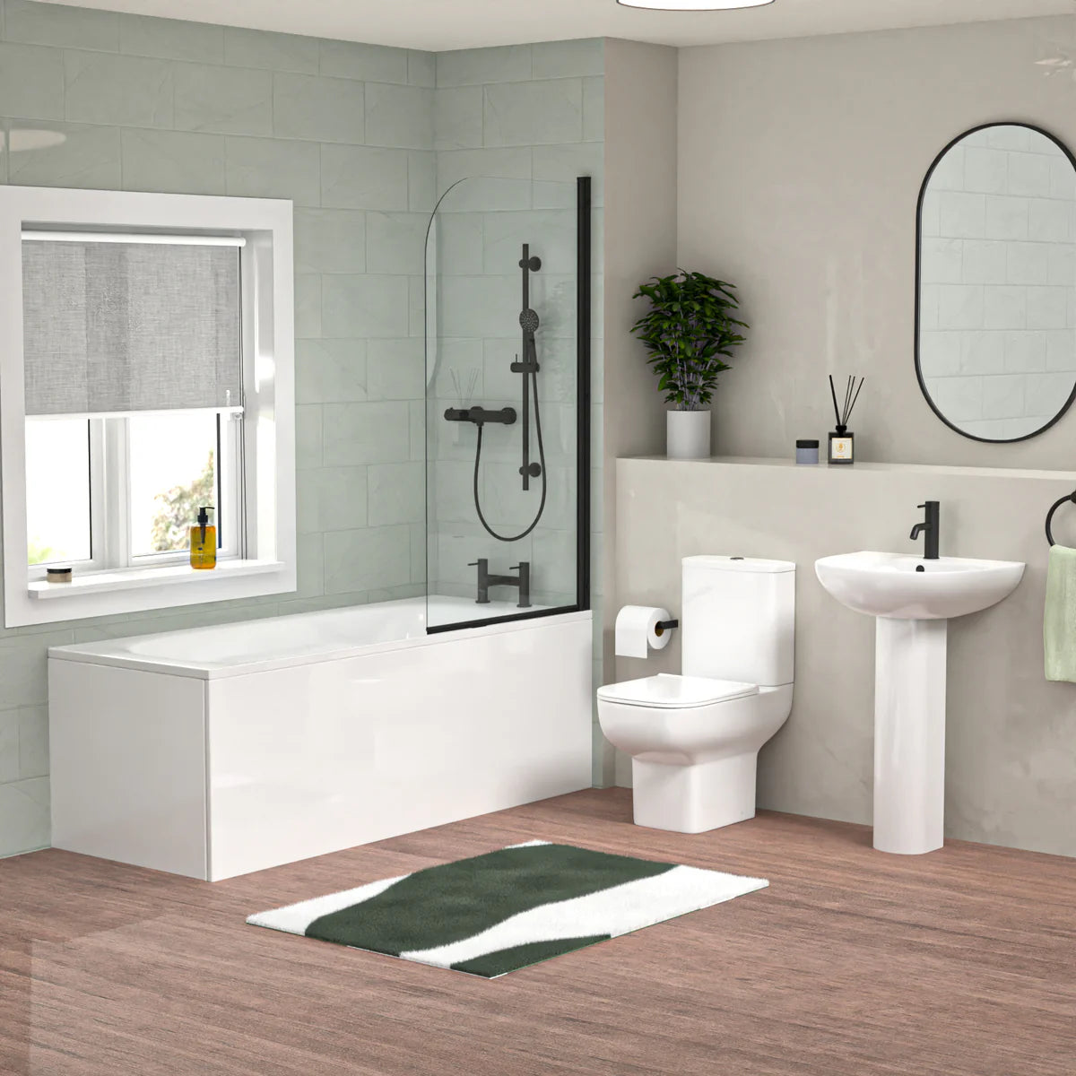 Cassis 1700mm Complete Bathroom Suite with Shower Bath & Matte Black Taps Set