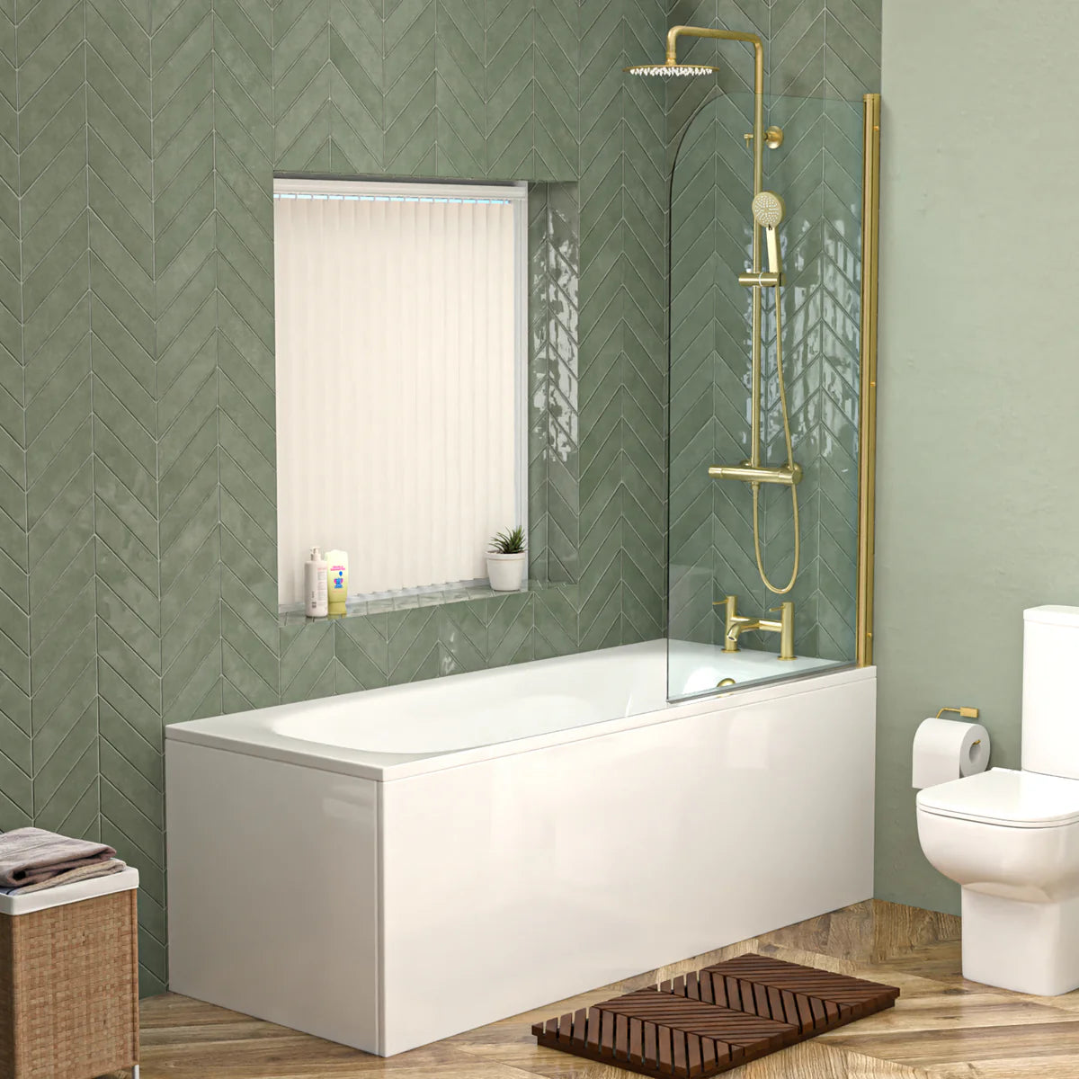 Cassis 1700mm Complete Bathroom Suite with Shower Bath & Brushed Brass Taps Set